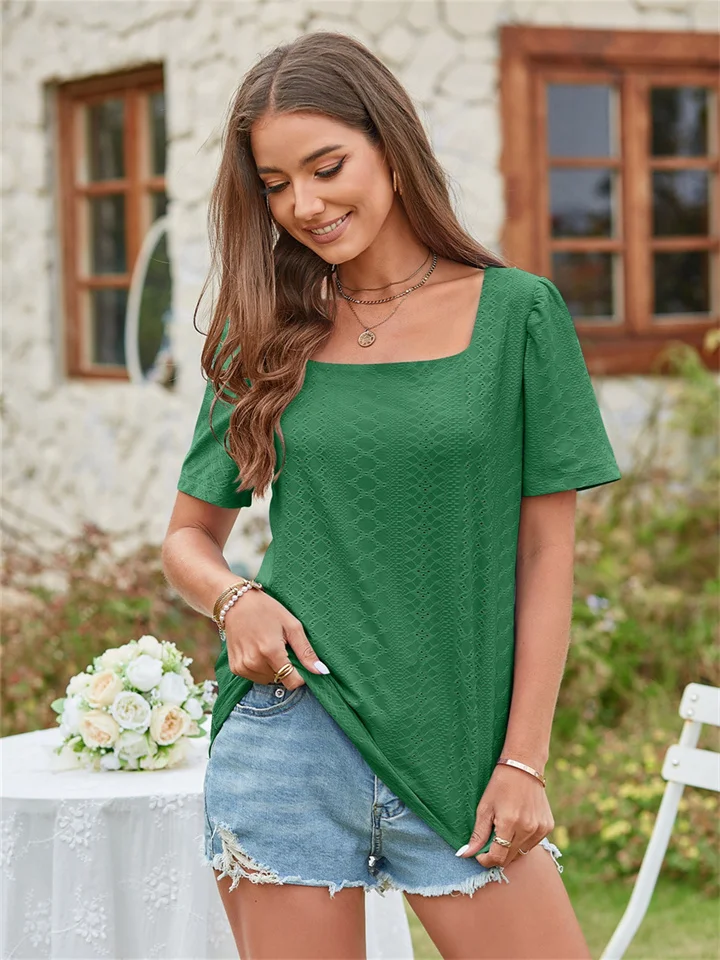 Square Neck T-shirt Hole Hollow Short-sleeved Casual Tops Green Rose Red Blue Orange