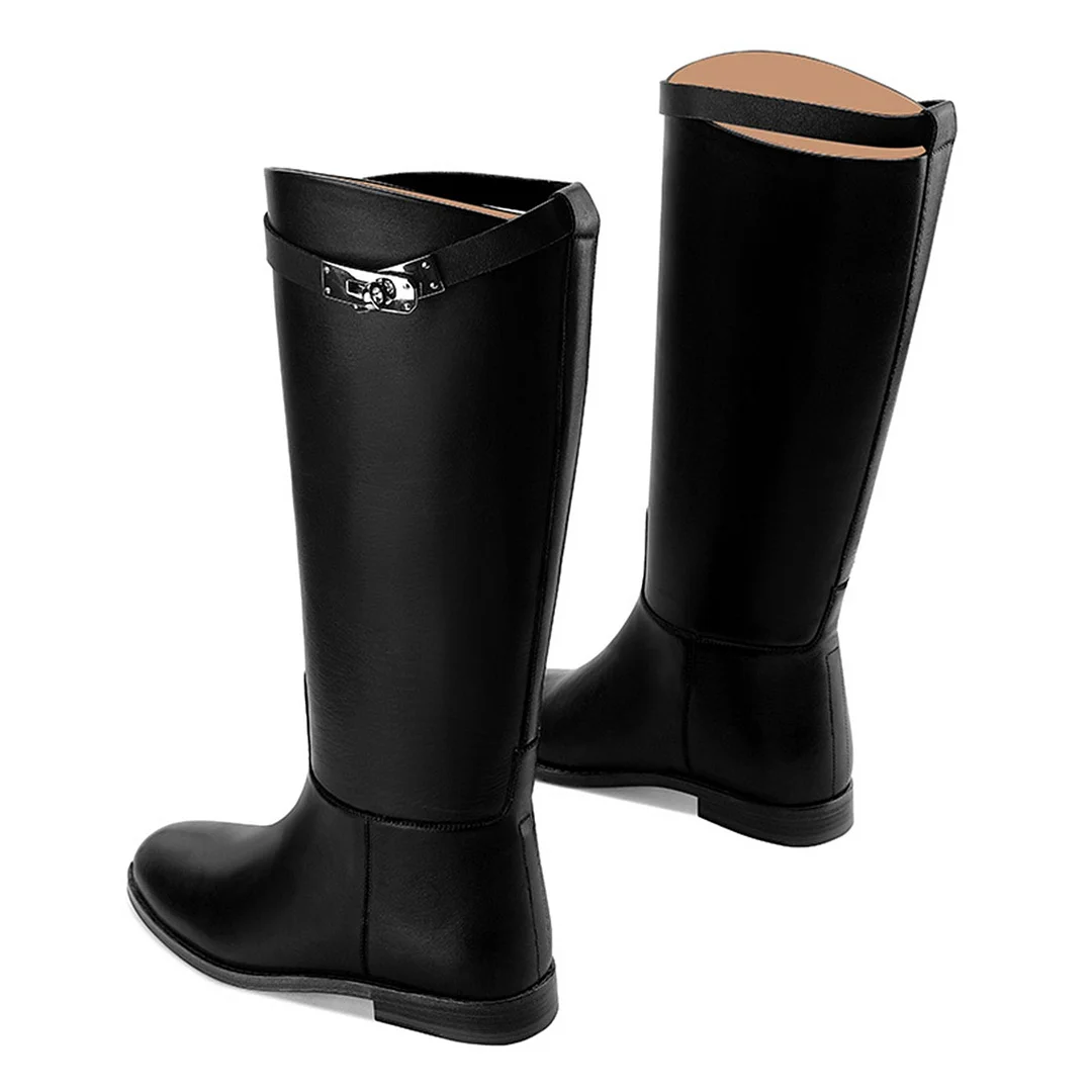 Black Knee High Closed Toe Flat Vegan Leather Slip On Boots for Women