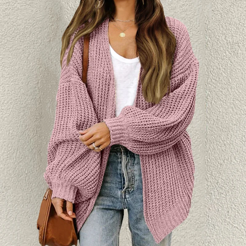 Lantern Sleeve Thick Pocket Knitted Sweater Cardigan