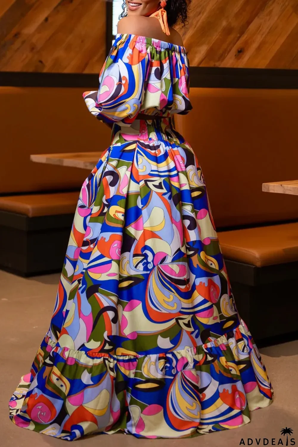 Tangerine Casual Print Patchwork Off the Shoulder Half Sleeve Two Pieces