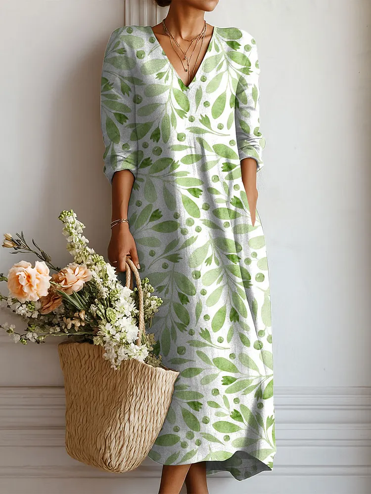 Women's Vintage Flowers Pattern Art Print Linen Pocket Dress