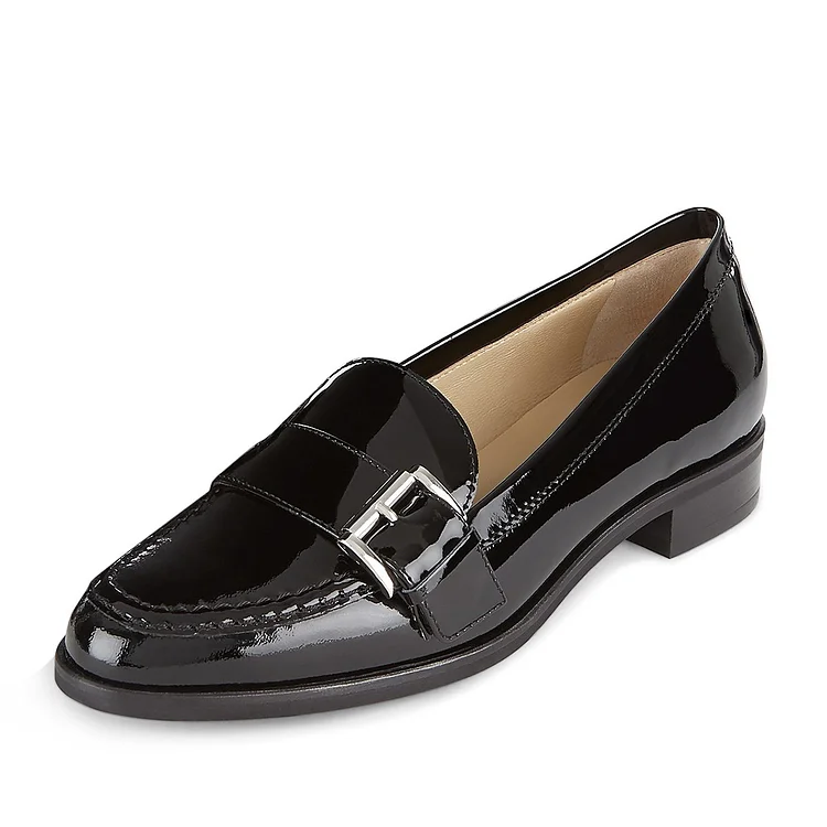 Black Round Toe Flats Buckle Patent Leather Loafers for Women |FSJ Shoes