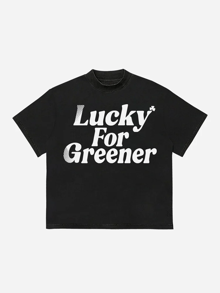 Lucky St. Patrick's Day Clover Washed Slogan Round Neck T-shirt