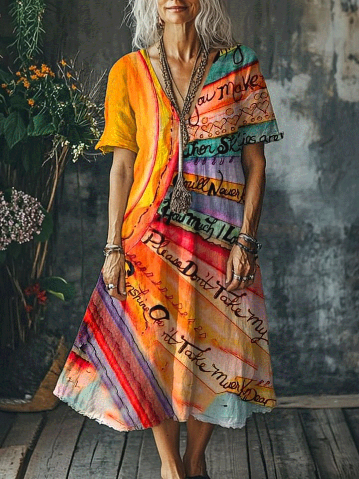 Women's Boho Vintage Art Print Pocket Cotton Dress