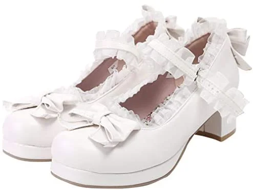  Women Kawaii Lolita Shoes Mid Block Heel Mary Jane Rockabilly Pumps with Bow Novameme