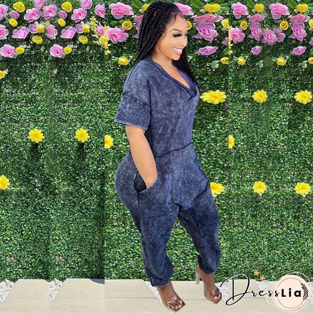 Loose Short Sleeve V Neck Long Harem Jumpsuits