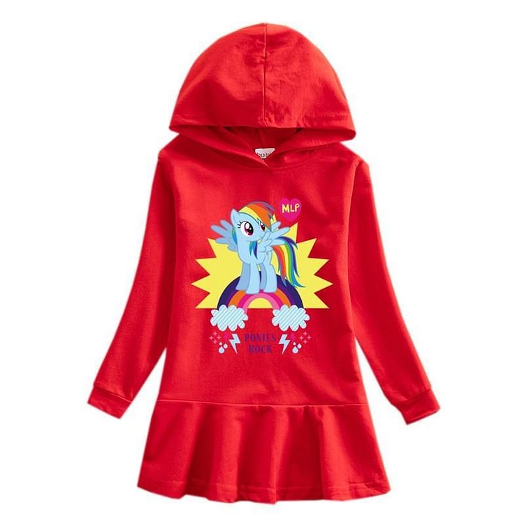 My Little Pony Ponies Rock Print Hooded Long Sleeve Toddle Girls Dress-Mayoulove