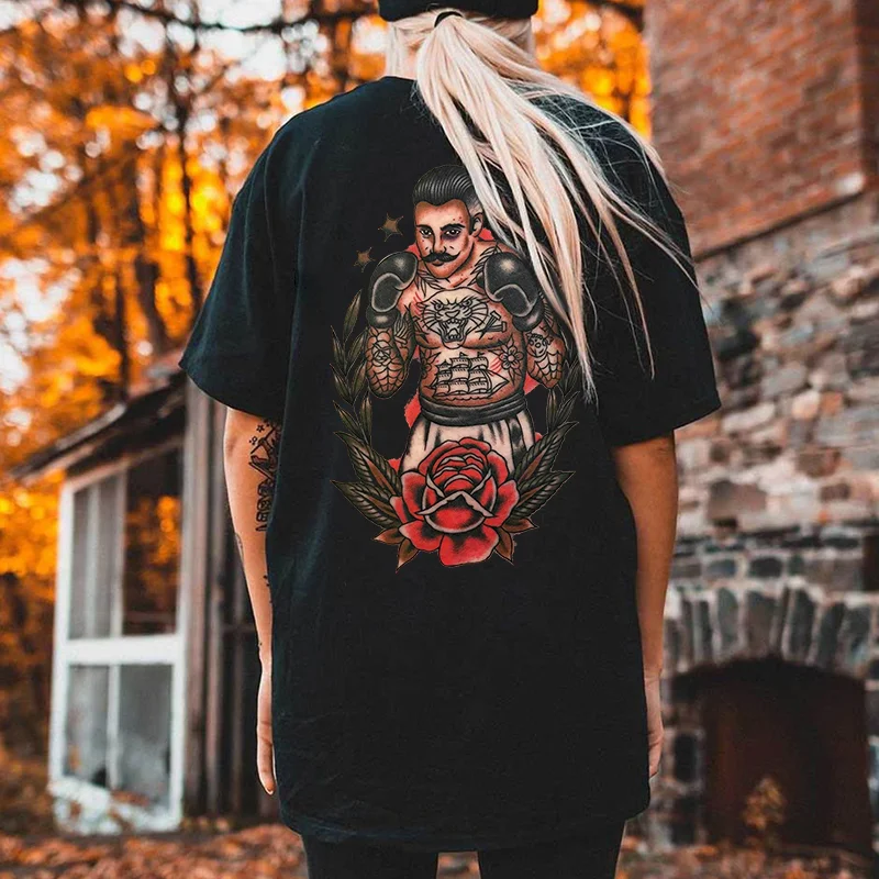 Tattooed Boxer Floral Print Fashion Oversized T-shirt - Krazyskull