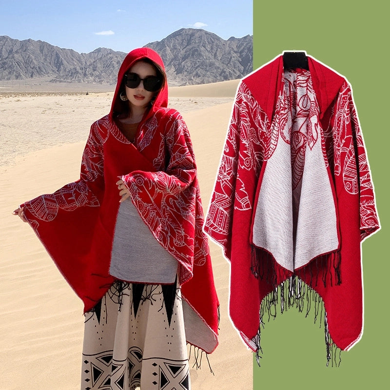 Ethnic Style Hooded Shawl Cloak Lijiang Xinjiang Tibet Northwest Tourism Wear Photograph Warm Outer Cape
