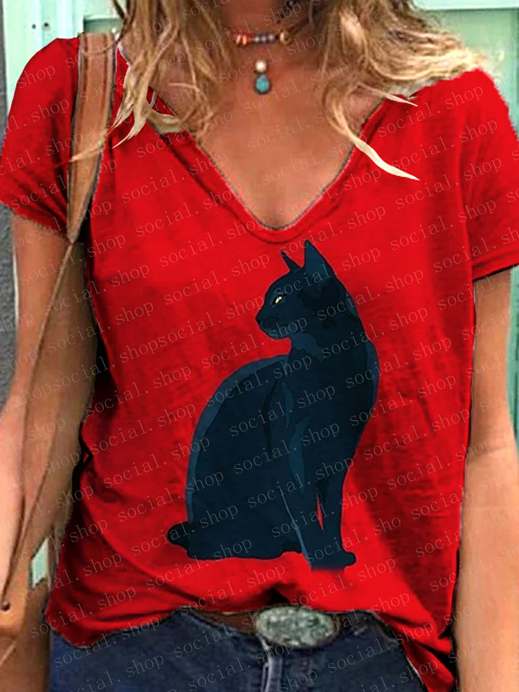 Dignified Cat Red V-Neck Short Sleeve socialshop