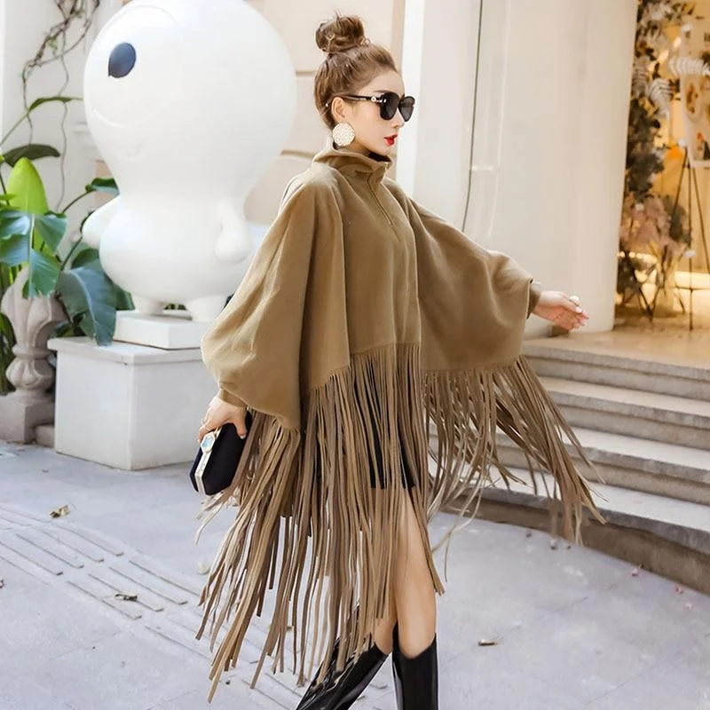 2021 New Spring Autumn Black Jacket Women Loose Tassels Turtleneck Long Sleeve Women Cape Coat Women Fashion Plus Size Ponchos