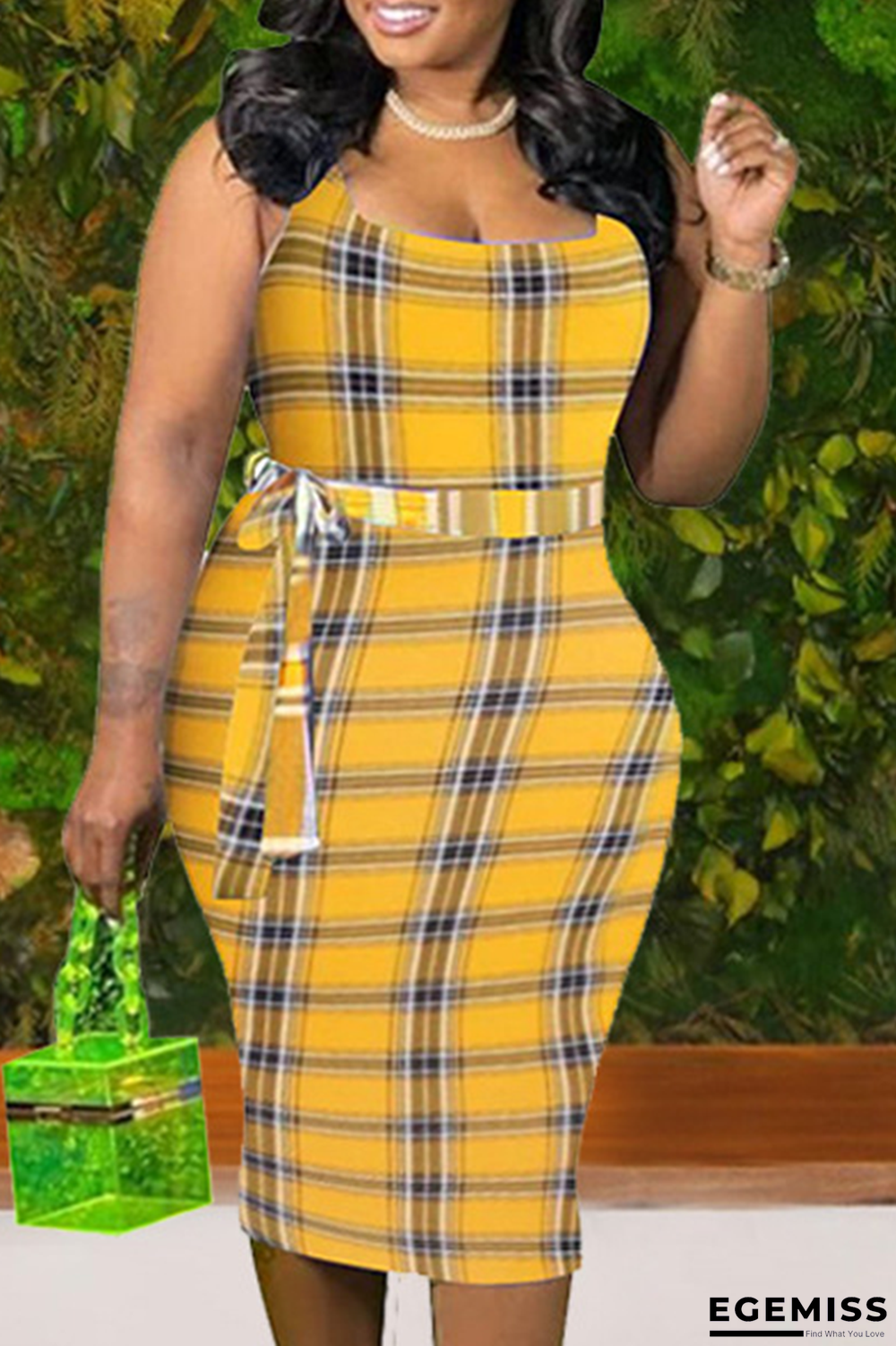 Yellow Sexy Plaid Patchwork O Neck Pencil Skirt Plus Size Dresses | EGEMISS