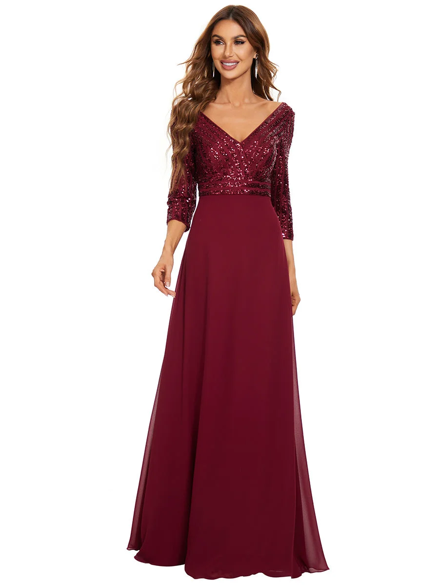 Sexy V Neck A-Line Sequin Wholesale Evening Dresses With 3/4 Sleeve