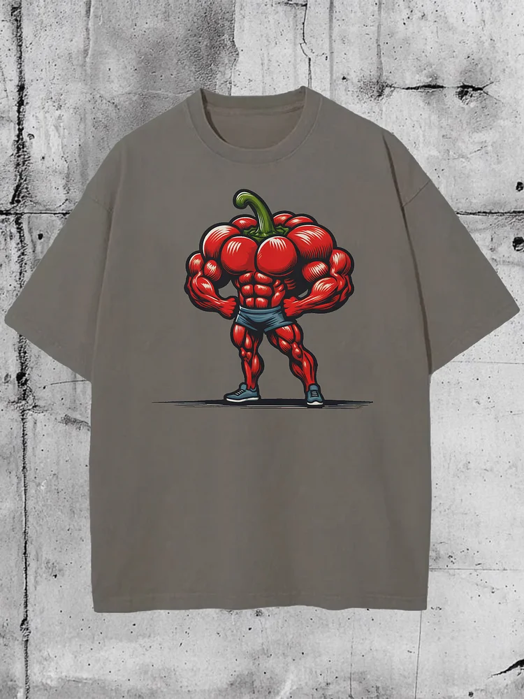 Men's Muscular Chili Fitness Print Cotton Washed T-Shirt