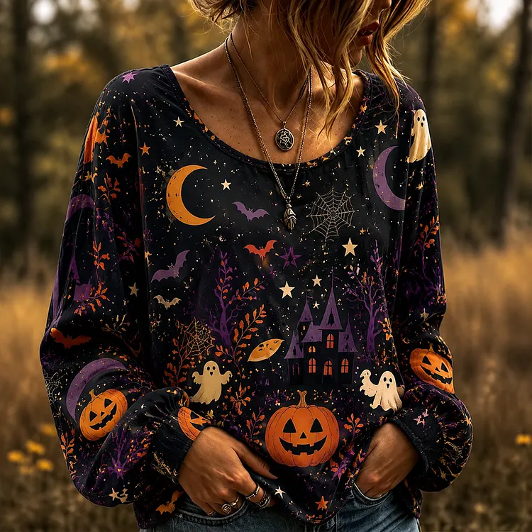 Women's Long Sleeve Crew Neck Pullover Top With Whimsical Halloween Occult Print: Ghosts, Haunted Castles, Pumpkins, And Spiderwebs