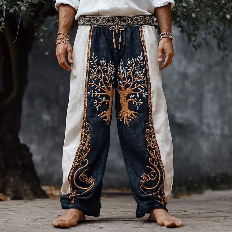 Men's Retro Viking Tree Of Life Contrast Color Linen Pants