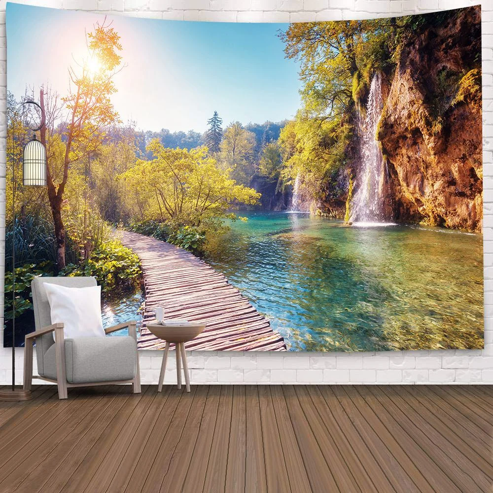 Natural 3D Waterfall Tapestry Beach Towel Landscape Primeval Forest Stream Printing Wall Carpet Yoga Mat Home Art Tapestry Decor