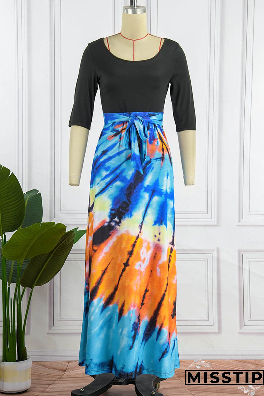 Blue Black Casual Patchwork Tie-dye O Neck Dresses