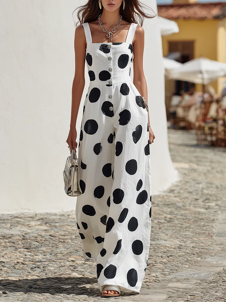 Vacation-style Square-neck Sleeveless Polka-dot Print Jumpsuit