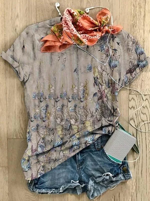 Short Sleeve Casual Crew Neck Floral-print Shirts & Tops