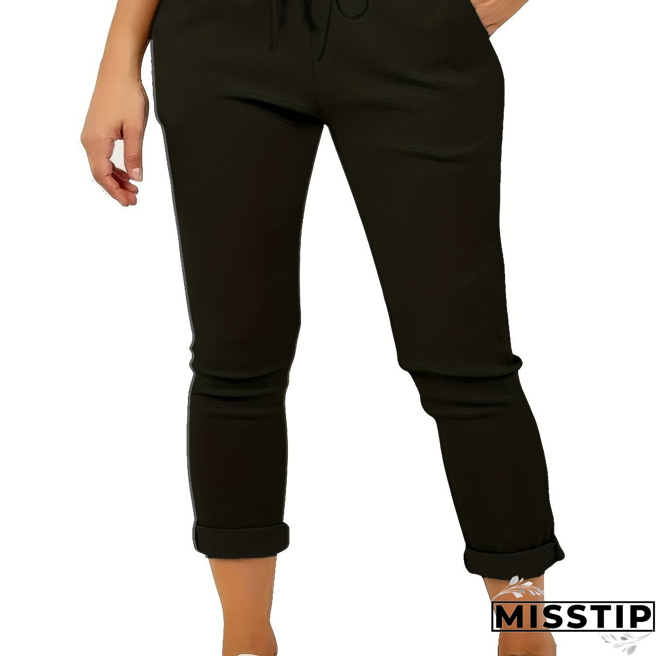 Plus Size Casual Pants, Women's Plus Solid Drawstring Roll Up Hem Slight Stretch Pants