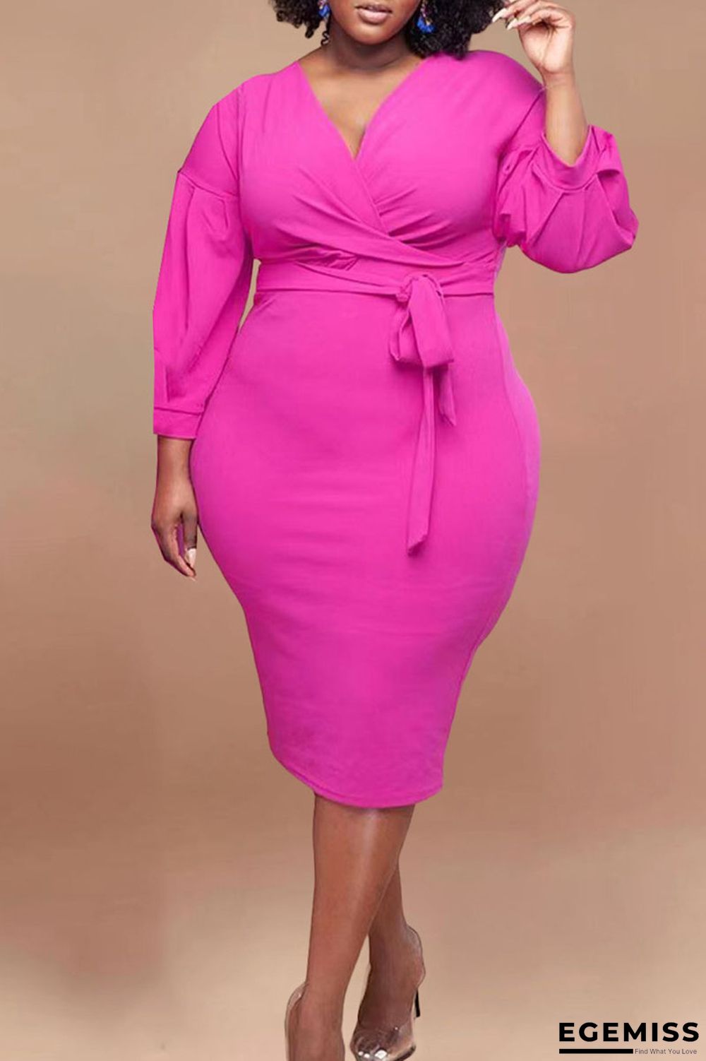 Rose Red Casual Solid Bandage Patchwork V Neck Straight Plus Size Dresses | EGEMISS