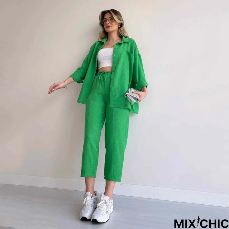 Plus Size Women's Fall Casual Loose Shirt Coat Cropped Sport Harem Pants Two-Piece Set