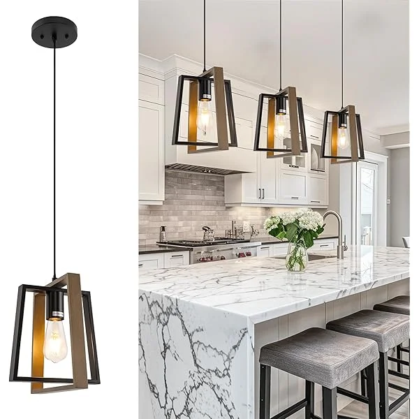 Farmhouse Pendant Light Fixture, Adjustable Kitchen Island Lighting, Rustic Hanging Light with Brown Wood and Black Metal, Pendant Light for Kitchen Island, Dining Room(3 Pack Trapezoid)