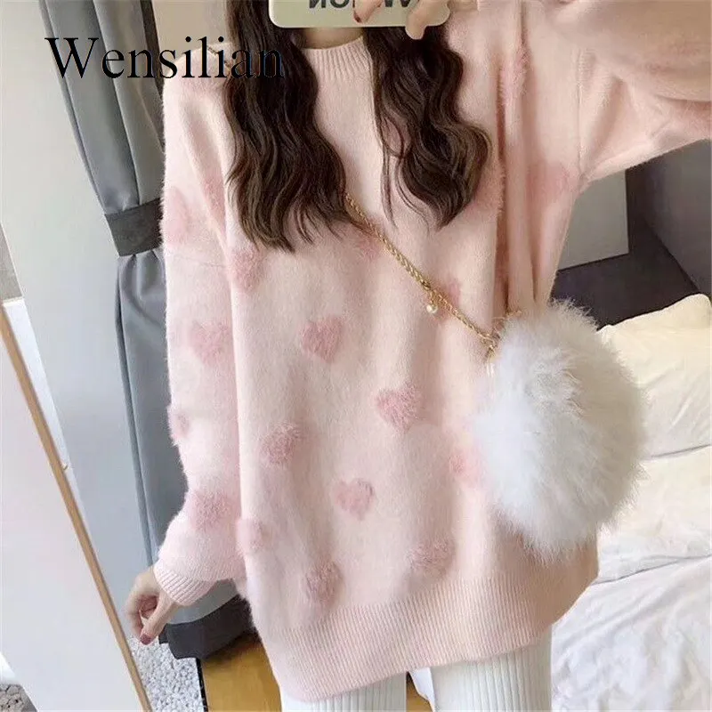 Knitted Sweater Women Printed Pullovers Ladies Heart Print Warm Outfits O Neck Sweat Style Jumper Korean Streetwear Sueter Mujer