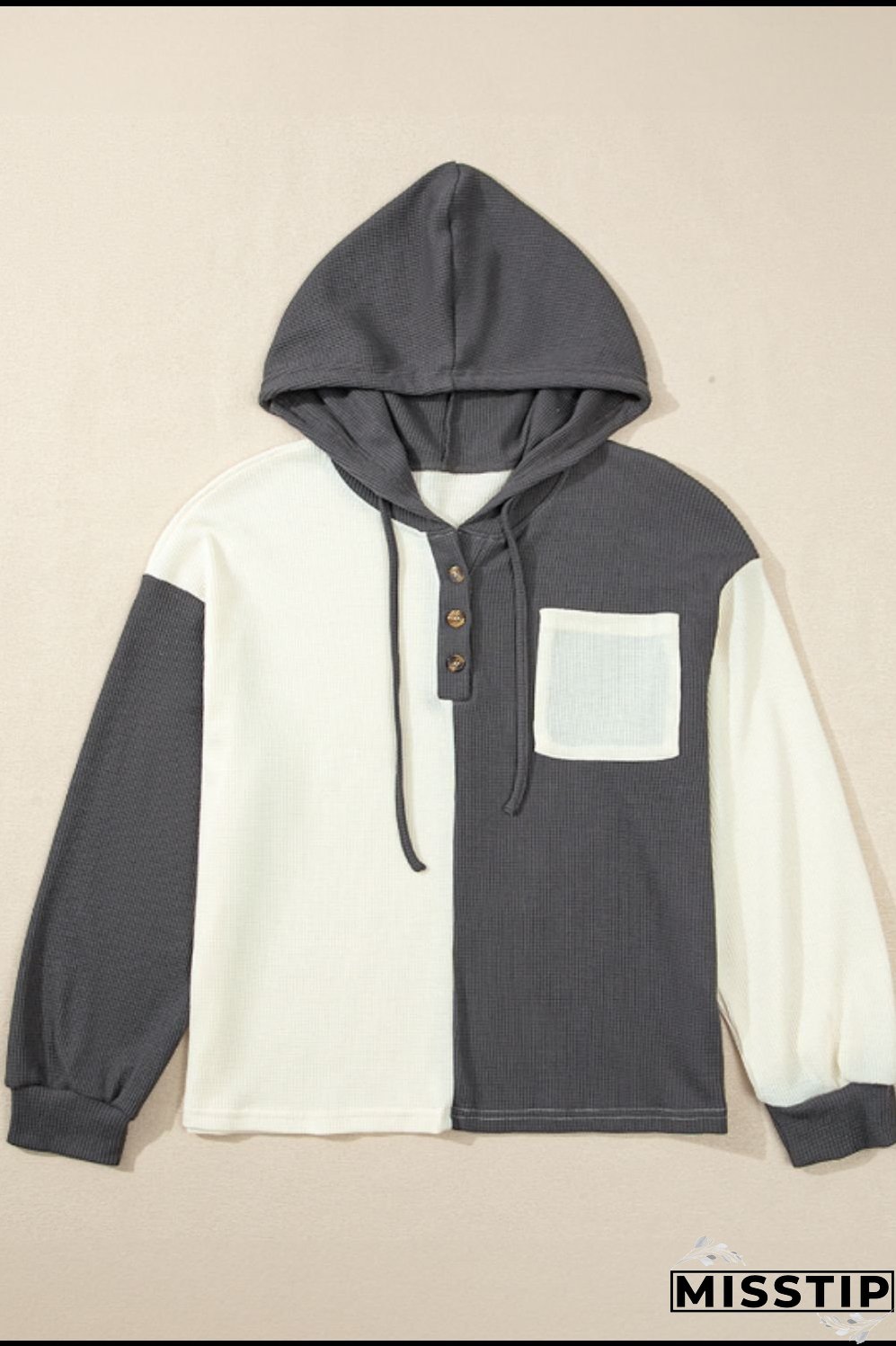 Waffle-Knit Two-Tone Long Sleeve Hoodie