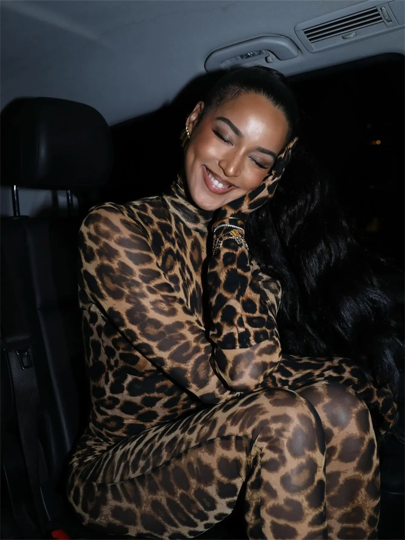 Autumn Slim Sexy Mesh See through Leopard Print Stretch Jumpsuit