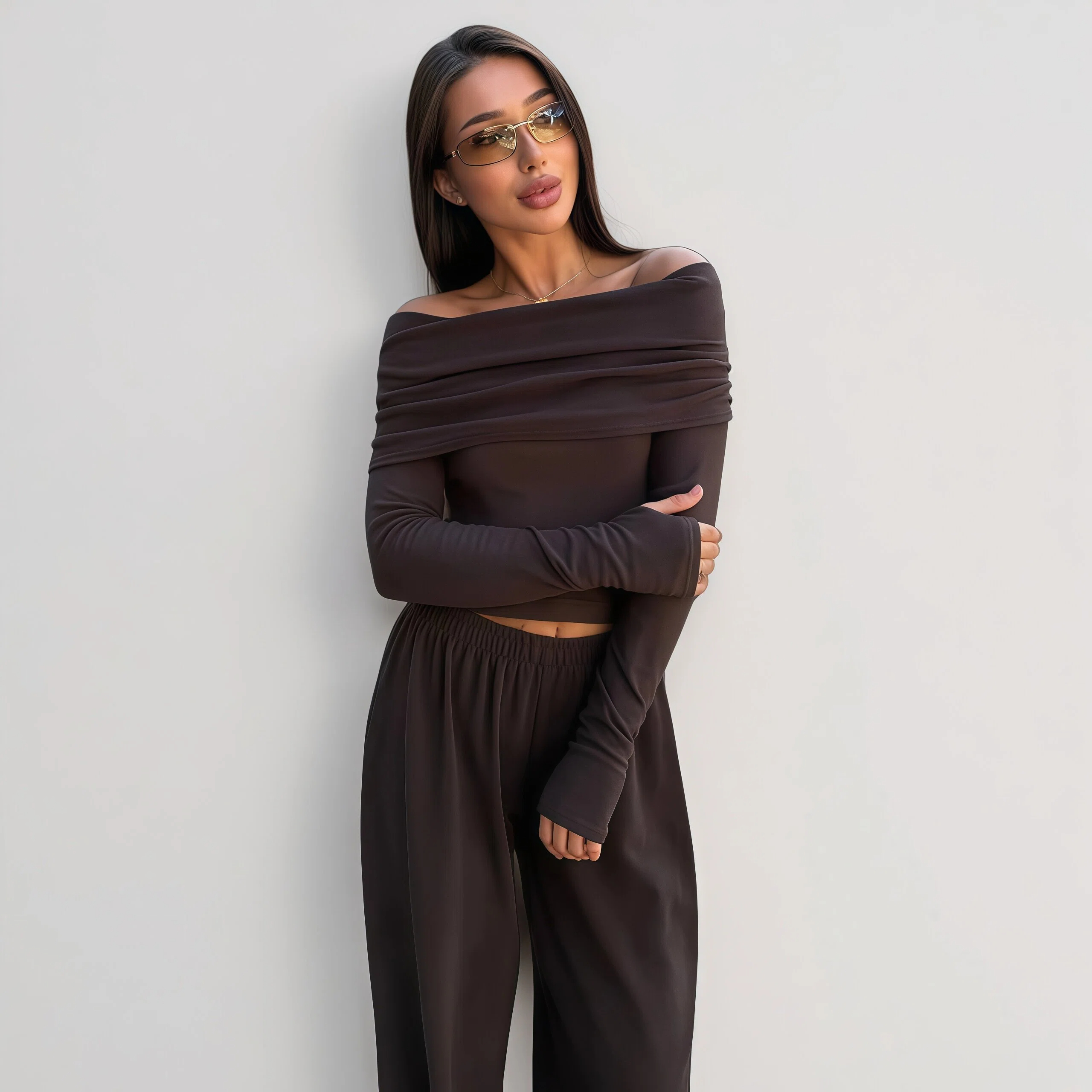 Off-Shoulder Crop Top and Wide-Leg Pant Set - HIGIANNA&reg;