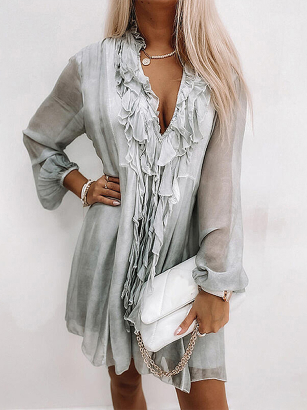 Mature Women Casual Summer Solid Color Ruffled Long Sleeve Mini Dress
