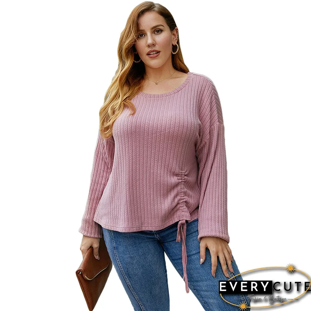 Pink Ruffled Detail Long Sleeve Plus Size Tops