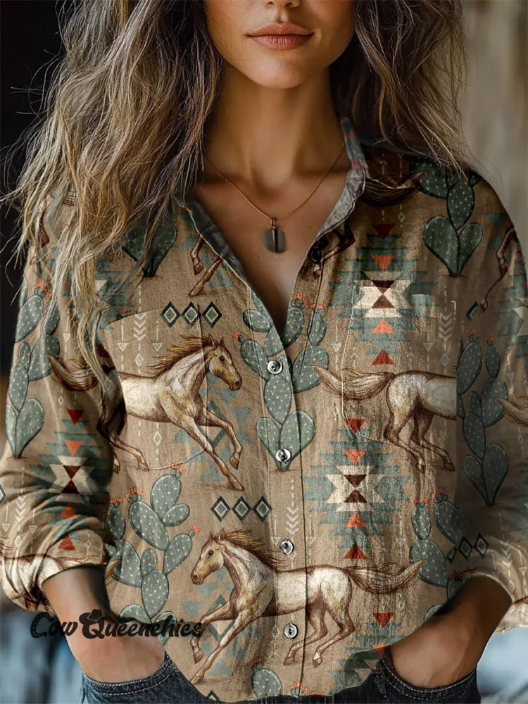 Women&rsquo;s Western Print Casual Long Sleeve Comfortable Cotton Shirt Multicolor / S