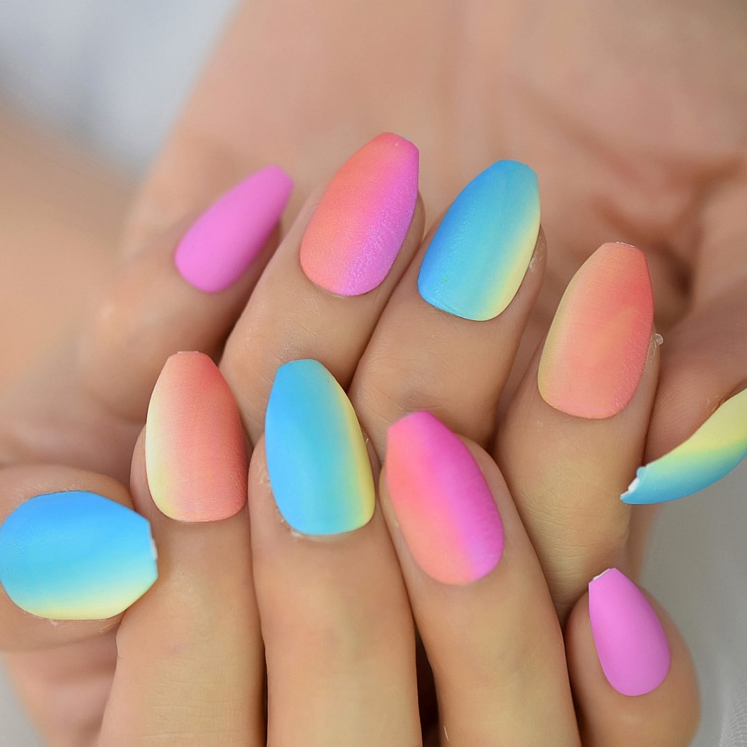 Rainbow Color Pattern Medium Coffin Nails Neon Reusable Gel Tips Detachable Fakw Nails Full Cover Nails Fingernails Echiqnails