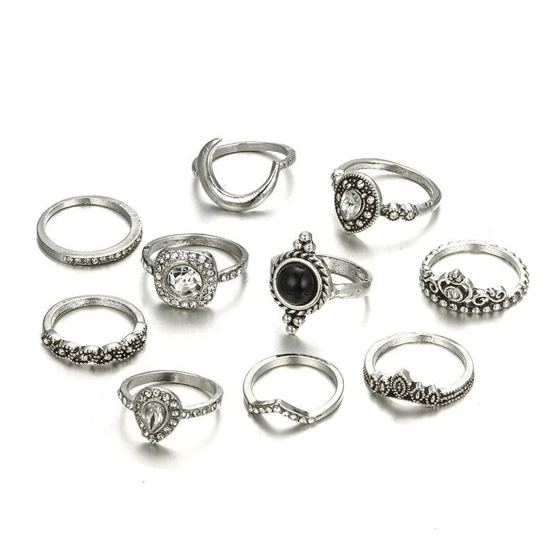 Women plus size clothing Ten Piece Retro Moon Crown Ring Wholesale Cheap Jewelry-Nordswear