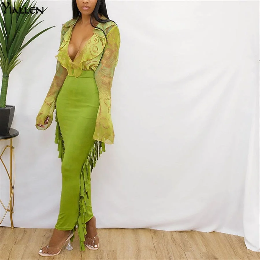 YiAllen Summer Fashion Side Tassel High Waist Long Skirts Women Skinny Stretch Bottoms Clothing Trend Wild Bottoms Streetwear