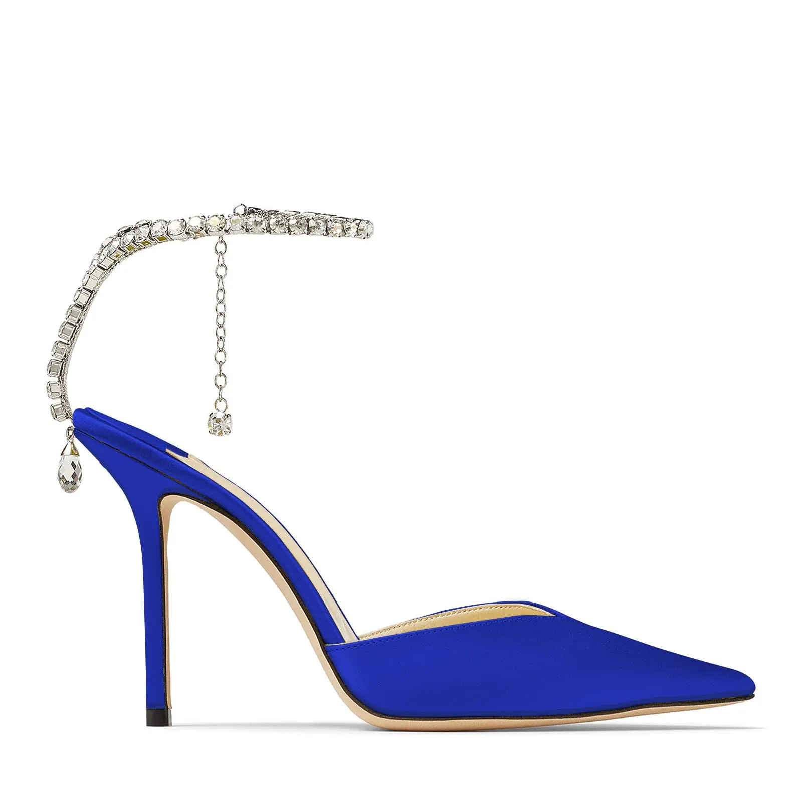 100mm Women's Sandals Crystal Chain Ankle Straps Rhinestones Buckle Heels Stiletto Satin Dress Shoes-vocosishoes