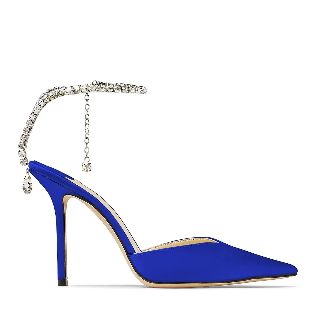 100mm Women's Sandals Crystal Chain Ankle Straps Rhinestones Buckle Heels Stiletto Satin Dress Shoes-vocosishoes