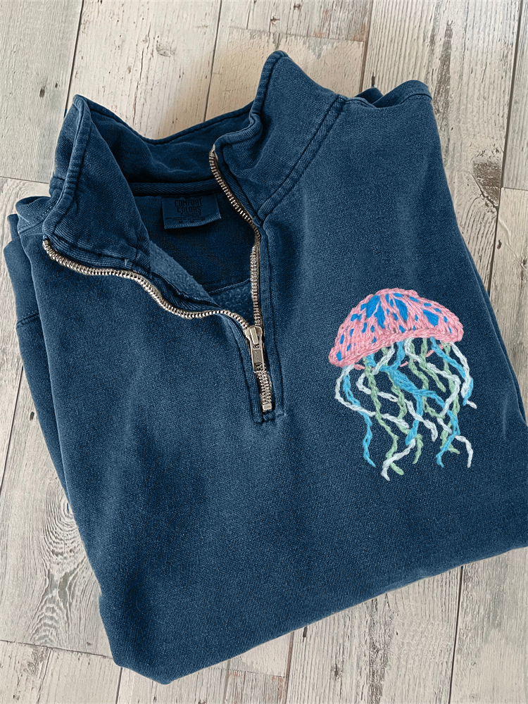 Colorful Jellyfish Embroidery Art Zip Up Sweatshirt  artssus