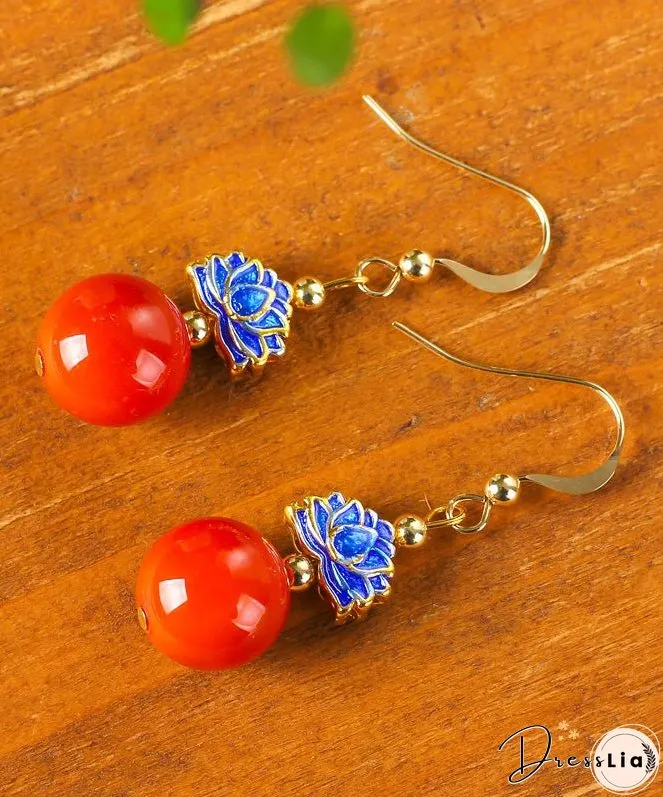 Women Red 14K Gold AgateCloisonne Drop Earrings