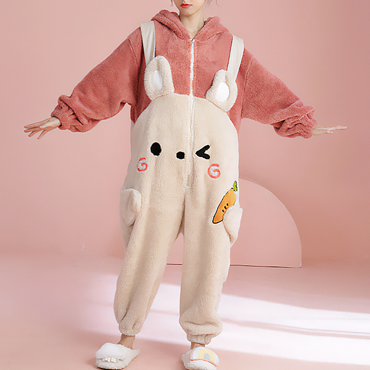 Cartoon Bunny Hooded Fuzzy Lounge PJ Jumpsuit - Gotamochi Kawaii Shop, Kawaii Clothes