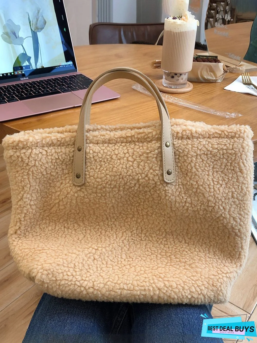Pure Color Lambswool Large Capacity Handbag