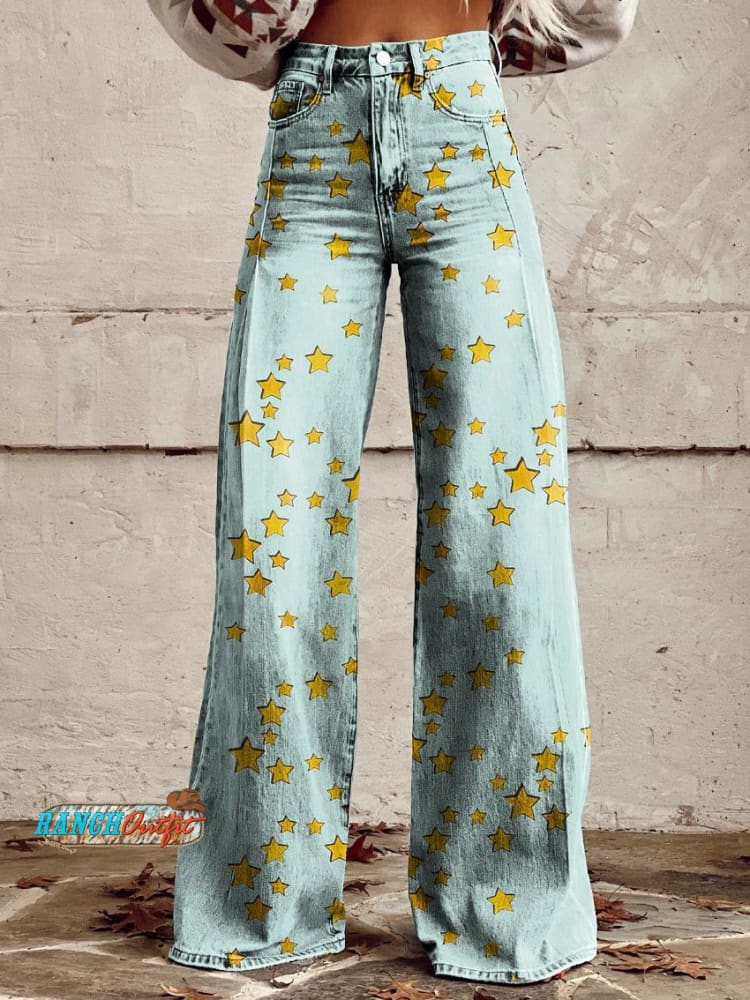 Women’s Star Print Casual Wide Leg Pants Multicolor / S