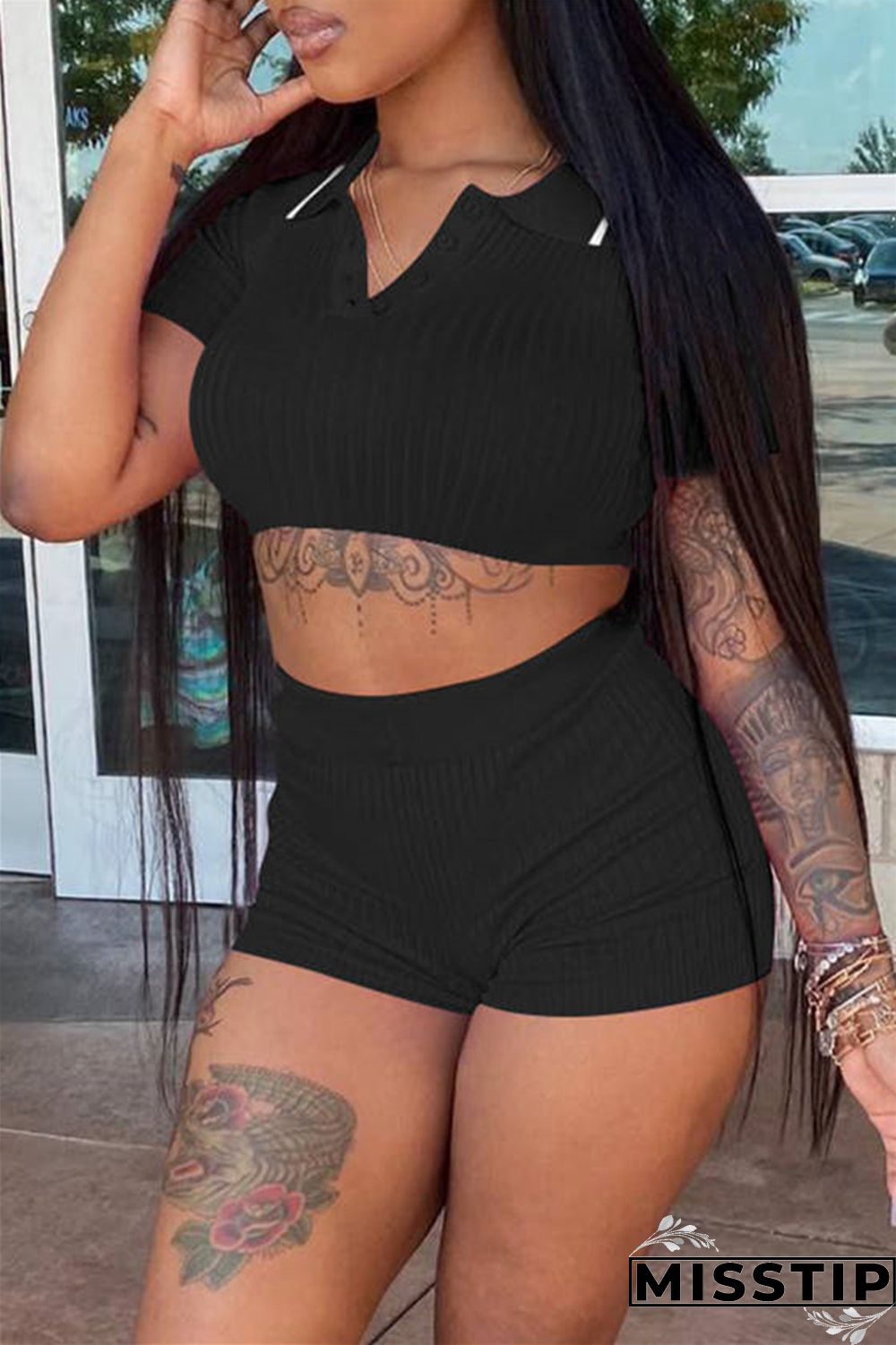 Black Fashion Casual Solid Basic Turndown Collar Short Sleeve Two Pieces