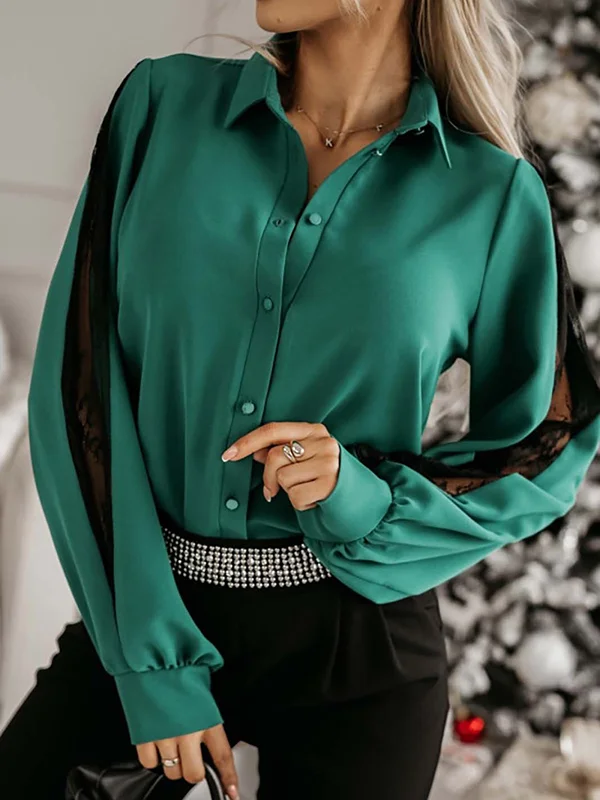 Buttoned Mesh Split-Joint Long Sleeves Loose Lapel Blouses&Shirts Tops