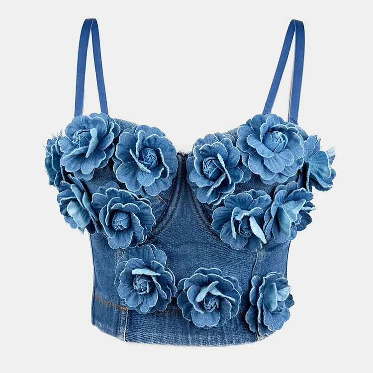 Party Denim Stereo Floral Sweetheart Neck Fishbone Corset Top