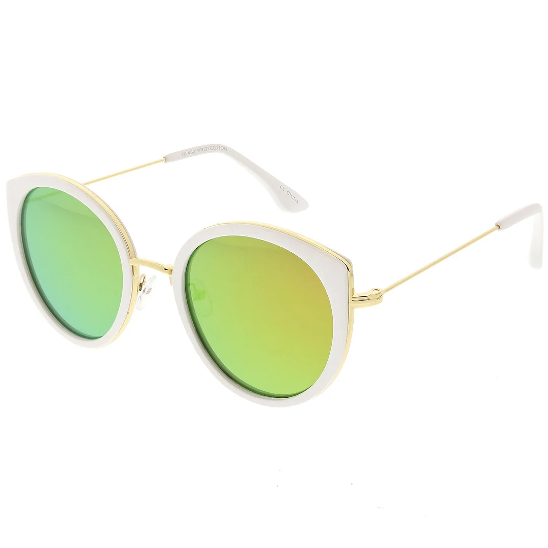 Modern Cat Eye glasses Metal Trim Round Colored Mirror Flat Lens 53mm