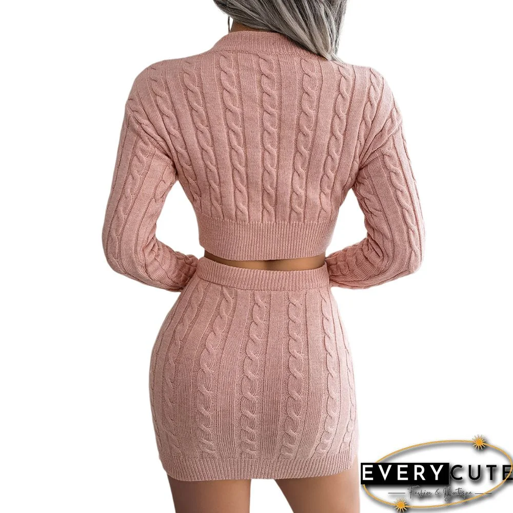 Pink Cable Knit Crop Sweater and Skirt Set